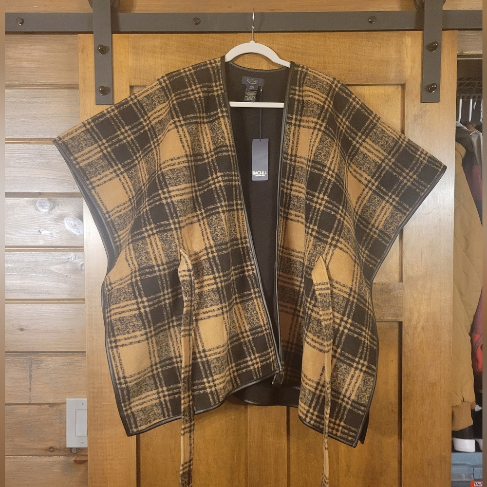 Rachel Roy Women’s Small/Medium Brown Blk Plaid Poncho Belted Wrap Cape Fleece.